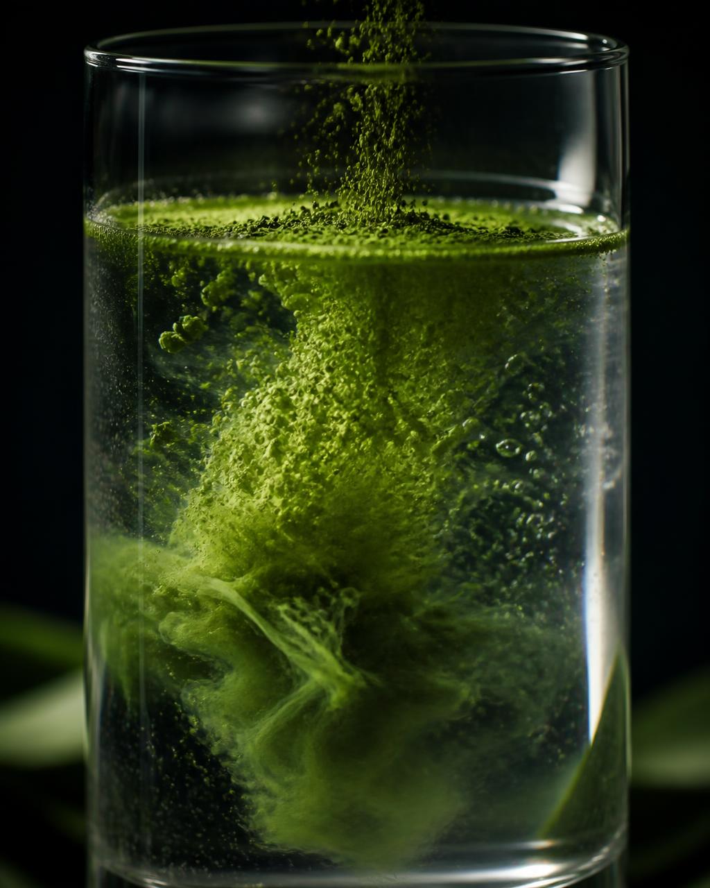 Feines grünes QUINTORA-Pulver verteilt sich in einem Glas Wasser